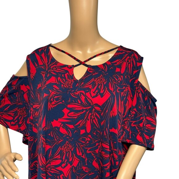 Catherines Plus Red/Navy Tropical Floral Open-Shoulder Blouse 2X, 22/24W - Picture 4 of 6